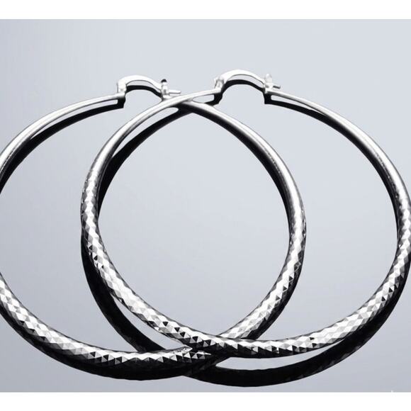 & Other Stories Jewelry - 70CM 925 Stamp Silver Color Deep Faceted Diamond Cut Hoop Earrings
